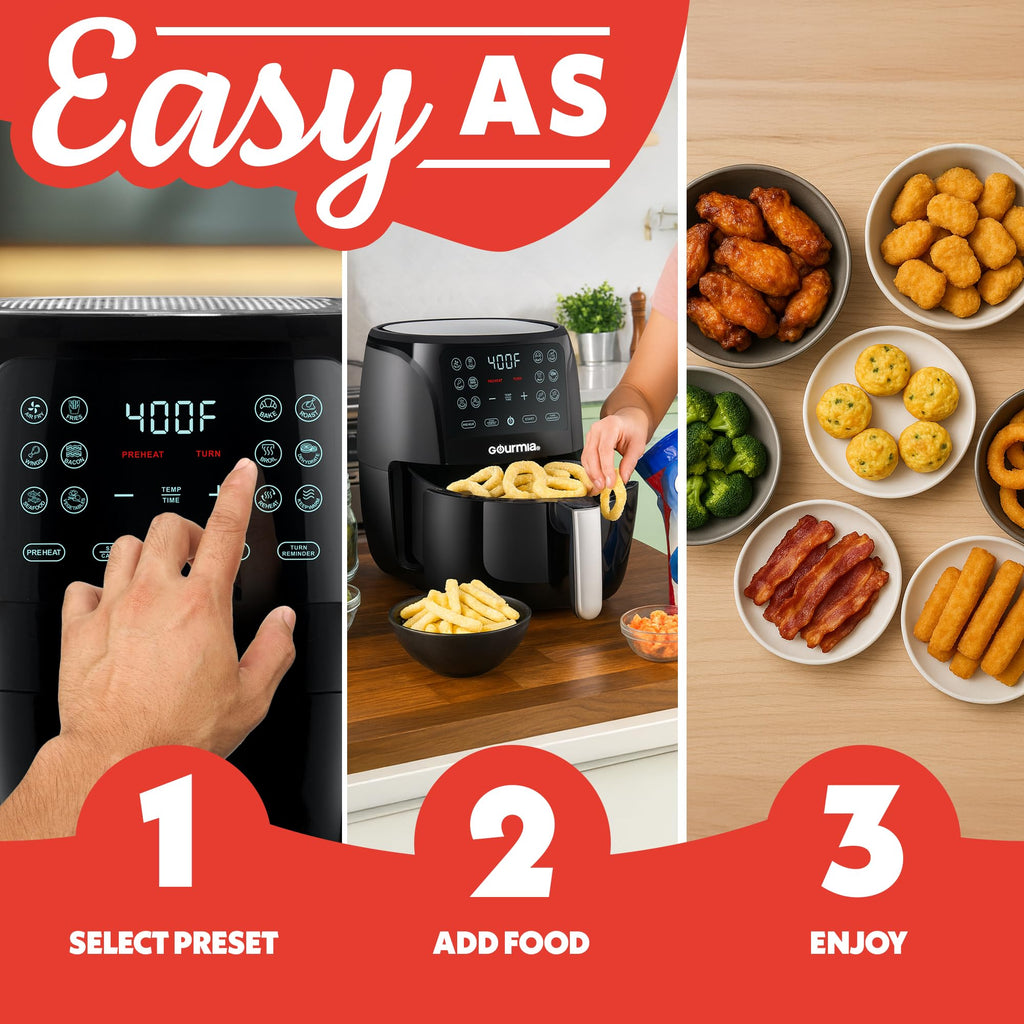 Gourmia Air Fryer - 4 Qt Capacity, FryForce360º, Digital Display with 8 Presets, Roast, Bake, Broil, Dehydrate, Dishwasher Safe Accessories, Compact, Black