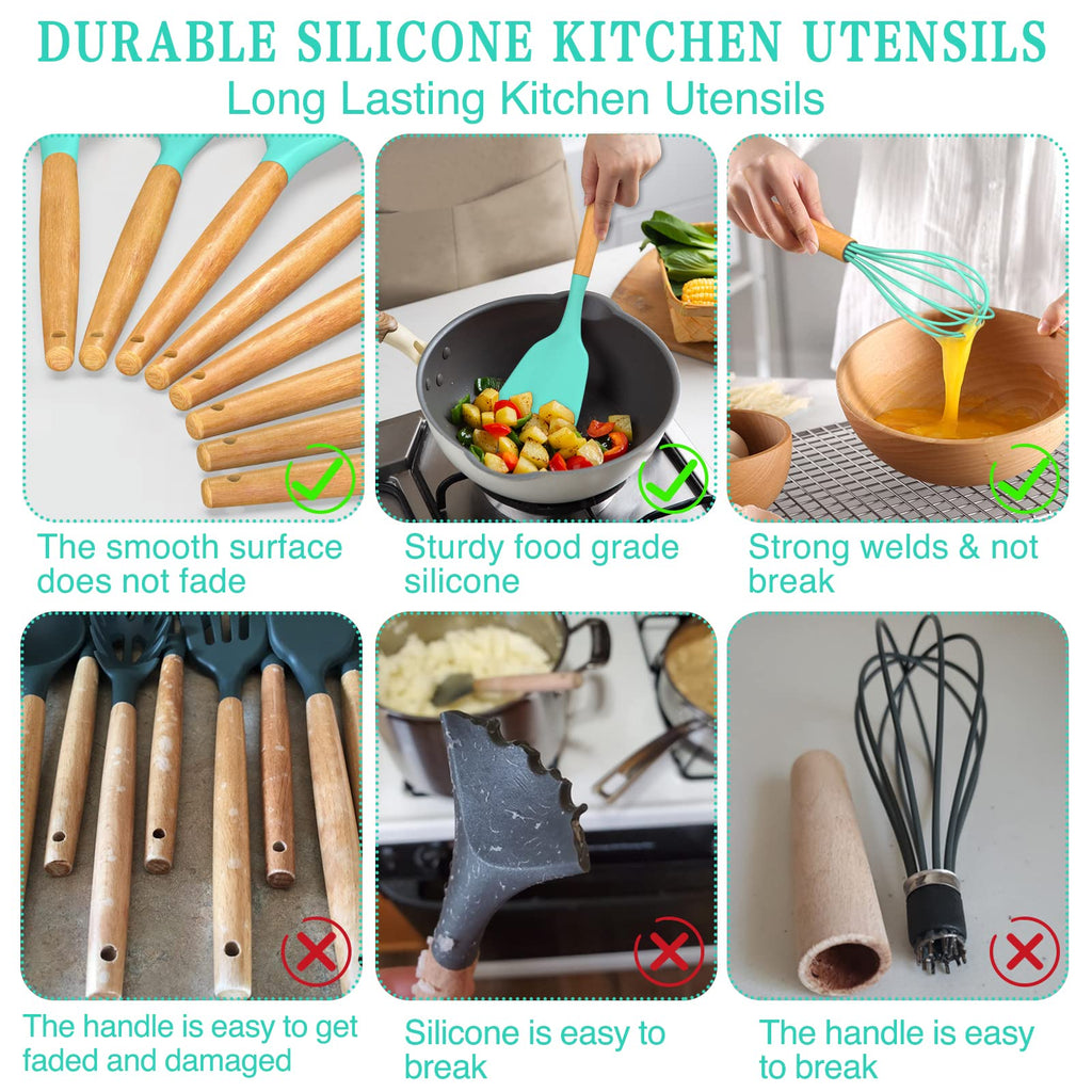 Umite Chef Kitchen Cooking Utensils Set, 24 pcs Non-stick Silicone Cooking Kitchen Utensils Spatula Set with Holder, Wooden Handle Heat Resistant Silicone Kitchen Gadgets Utensil Set (Green)