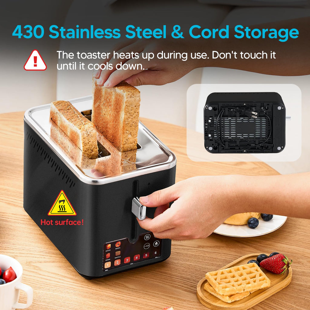 Trisiko Touch Screen Electric Toaster 2 Slice, Stainless Steel Smart Toaster with Digital Timer, 1.38" Extra-Wide Slots for Bread& Bagel, Great for Home, Office,Dorm (Black)