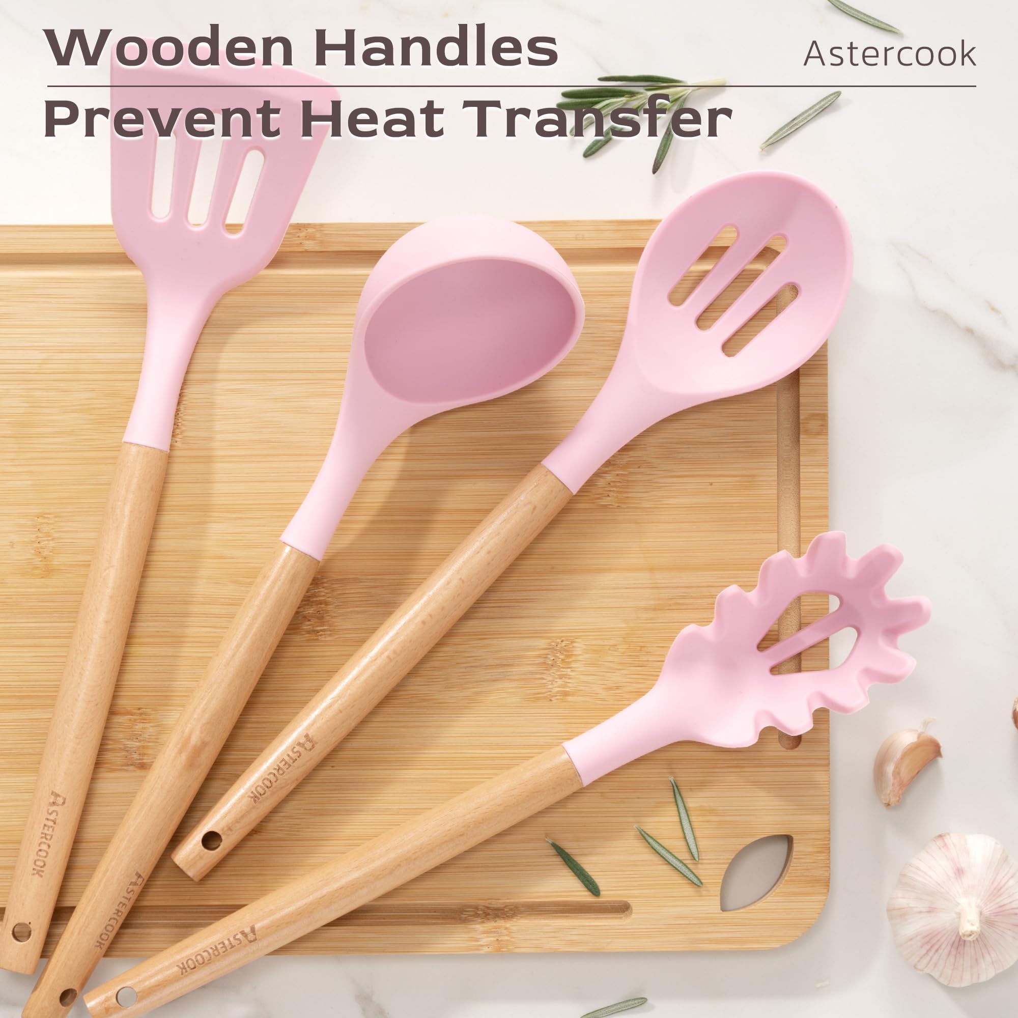 Astercook Kitchen Utensils set, 39 PCS Silicone Cooking Utensils Set with Wooden Handle, 446°F Heat Resistant Food Grade Utensil Sets, BPA Free Kitchen Gadgets Tools Set for Nonstick Cookware (Pink)