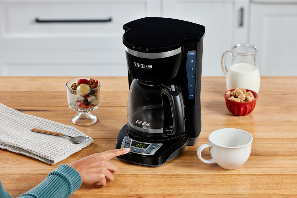 BLACK+DECKER 12-Cup Digital Coffee Maker, Programmable, Washable Basket Filter, Sneak-A-Cup, Auto Brew, Water Window, Keep Hot Plate, Black