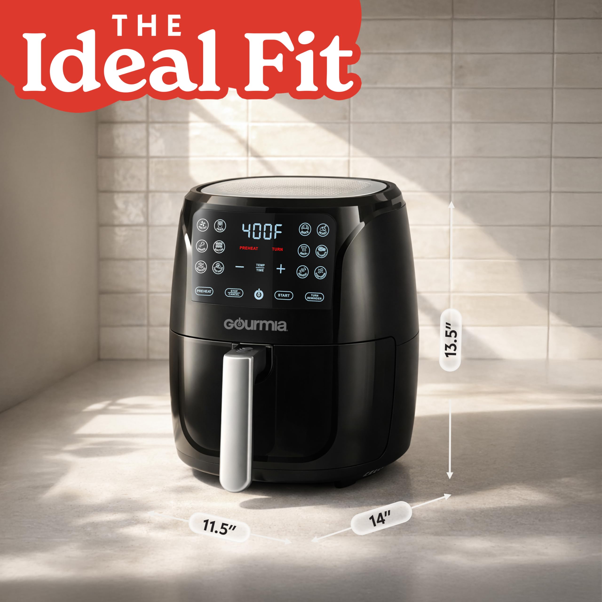Gourmia Air Fryer - 6 Qt Large Capacity, FryForce 360º, Digital Display with 12 Presets, Roast, Bake, Broil, Dehydrate, Dishwasher Safe Accessories, Black