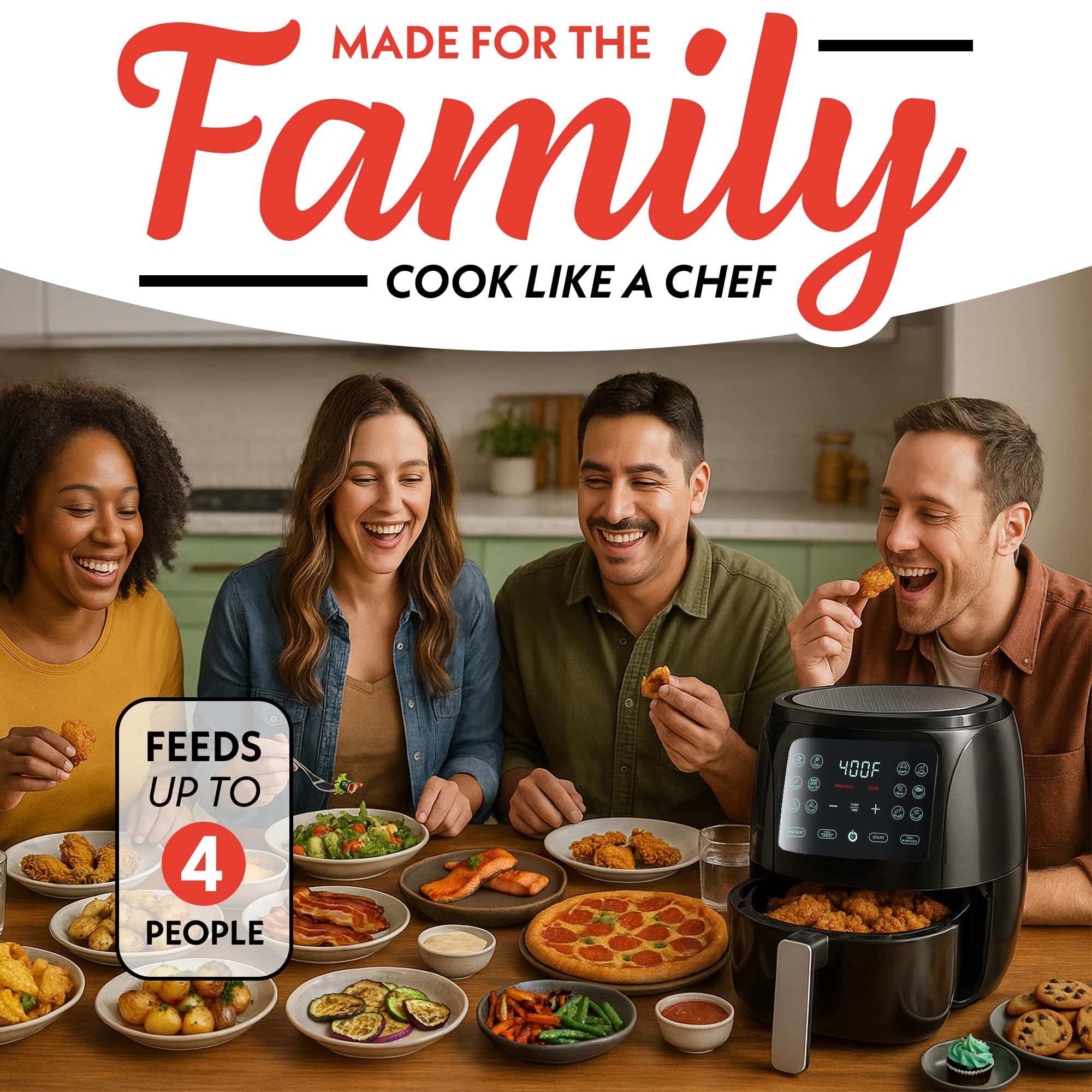 Gourmia Air Fryer - 4 Qt Capacity, FryForce360º, Digital Display with 8 Presets, Roast, Bake, Broil, Dehydrate, Dishwasher Safe Accessories, Compact, Black