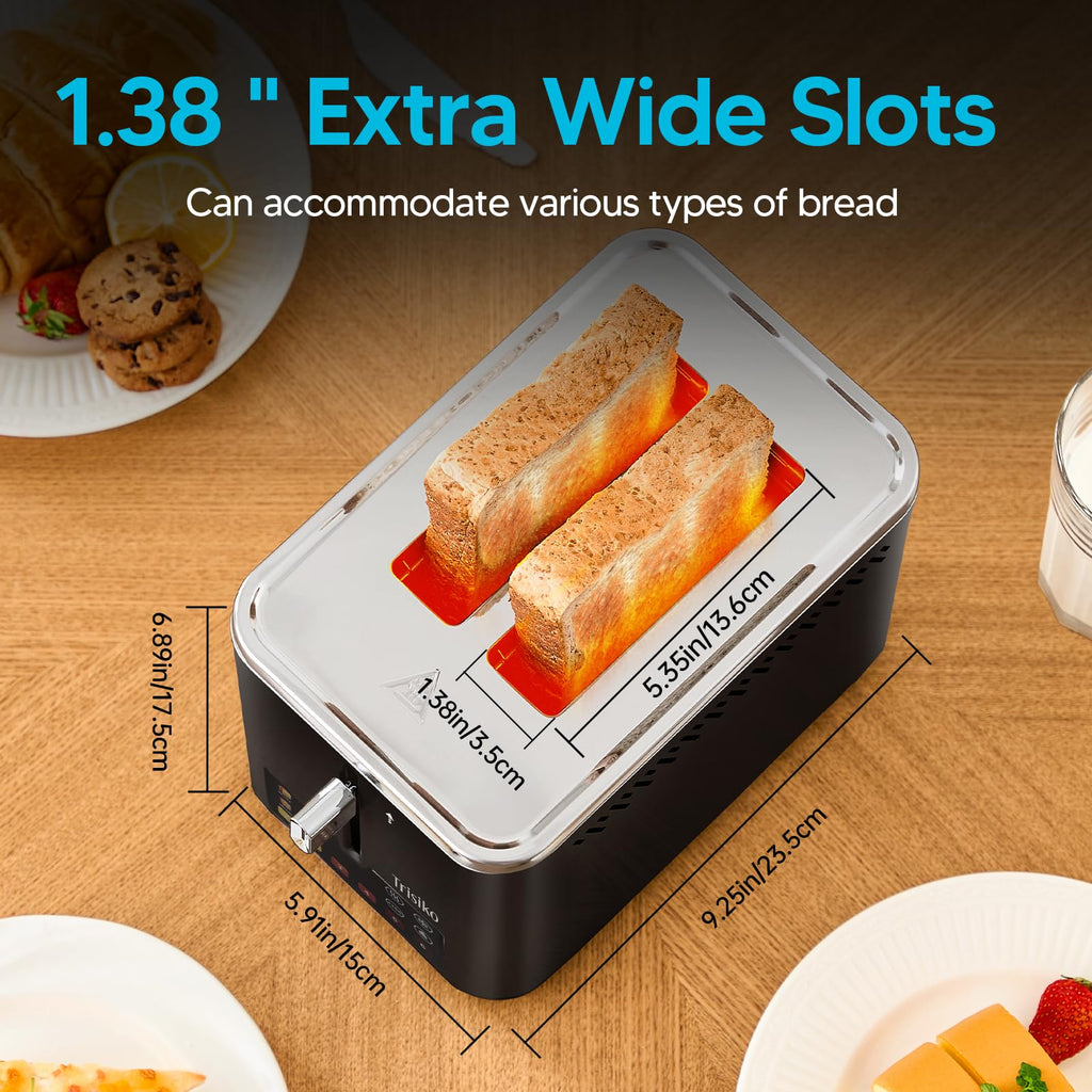 Trisiko Touch Screen Electric Toaster 2 Slice, Stainless Steel Smart Toaster with Digital Timer, 1.38" Extra-Wide Slots for Bread& Bagel, Great for Home, Office,Dorm (Black)