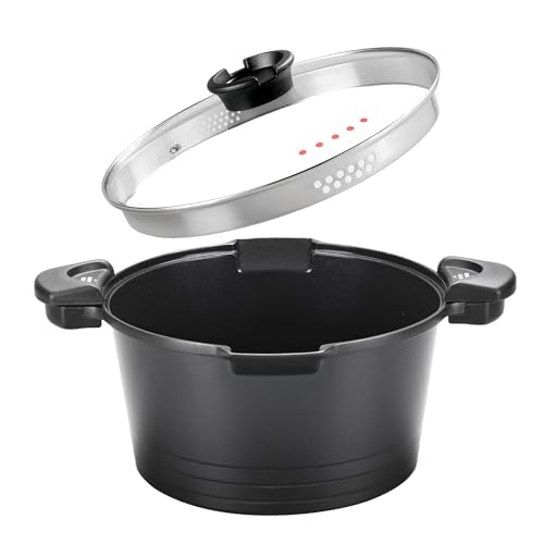 8.5qt Pasta Pot with Strainer Lid, Cast Aluminum Stockpot Multipot, Nonstick Ceramic Coating make Cleanup easy with Tempered Glass Lid, Dishwasher Safe, Induction, Black (Black, 8.5 Quarts) - My Kitchen Products