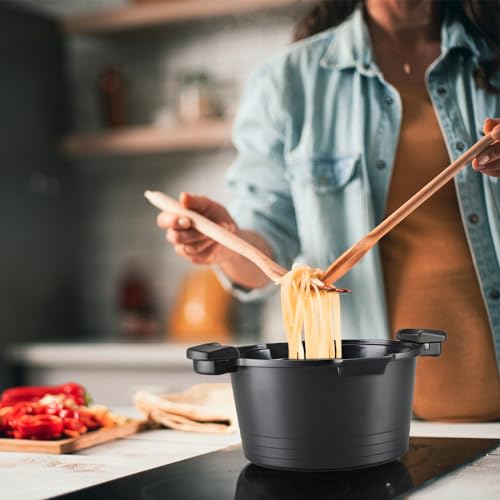 8.5qt Pasta Pot with Strainer Lid, Cast Aluminum Stockpot Multipot, Nonstick Ceramic Coating make Cleanup easy with Tempered Glass Lid, Dishwasher Safe, Induction, Black (Black, 8.5 Quarts) - My Kitchen Products