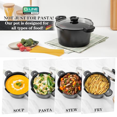 8.5qt Pasta Pot with Strainer Lid, Cast Aluminum Stockpot Multipot, Nonstick Ceramic Coating make Cleanup easy with Tempered Glass Lid, Dishwasher Safe, Induction, Black (Black, 8.5 Quarts) - My Kitchen Products