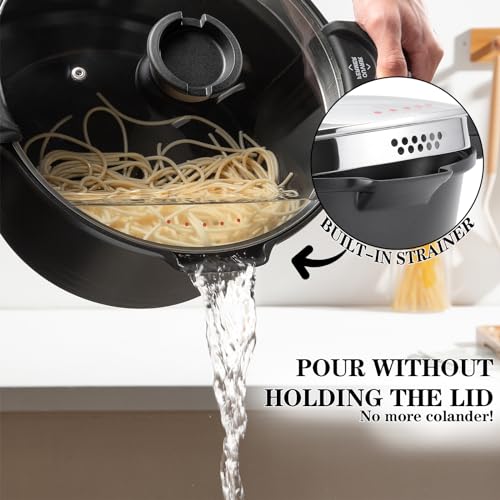 8.5qt Pasta Pot with Strainer Lid, Cast Aluminum Stockpot Multipot, Nonstick Ceramic Coating make Cleanup easy with Tempered Glass Lid, Dishwasher Safe, Induction, Black (Black, 8.5 Quarts) - My Kitchen Products