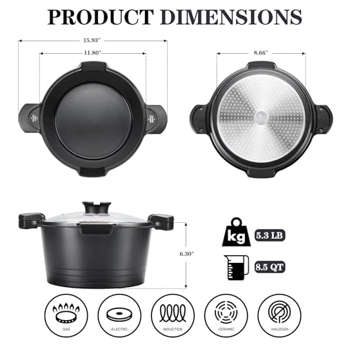 8.5qt Pasta Pot with Strainer Lid, Cast Aluminum Stockpot Multipot, Nonstick Ceramic Coating make Cleanup easy with Tempered Glass Lid, Dishwasher Safe, Induction, Black (Black, 8.5 Quarts) - My Kitchen Products