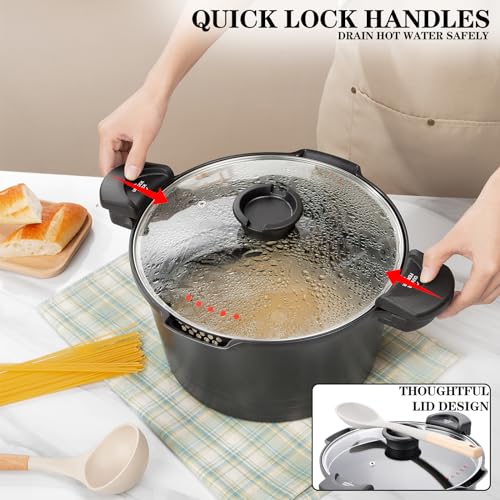 8.5qt Pasta Pot with Strainer Lid, Cast Aluminum Stockpot Multipot, Nonstick Ceramic Coating make Cleanup easy with Tempered Glass Lid, Dishwasher Safe, Induction, Black (Black, 8.5 Quarts) - My Kitchen Products