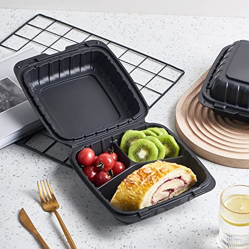 8X8" 3-Compartment 50-Pack Plastic Clamshell Takeout Food Trays Heavy Duty Togo Disposable Box For Pasta Salad Sandwich Carryout Meal Prep Packaging Catering Hinged Containers With Secure Snap Lid - My Kitchen Products