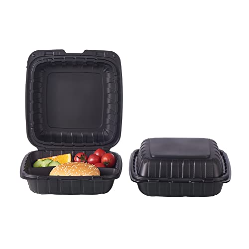 8X8" 3-Compartment 50-Pack Plastic Clamshell Takeout Food Trays Heavy Duty Togo Disposable Box For Pasta Salad Sandwich Carryout Meal Prep Packaging Catering Hinged Containers With Secure Snap Lid - My Kitchen Products