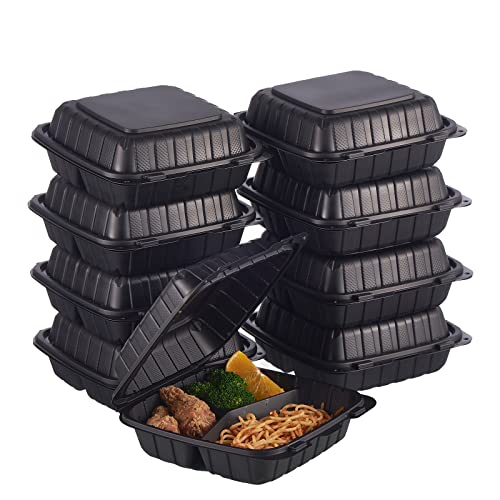 8X8" 3-Compartment 50-Pack Plastic Clamshell Takeout Food Trays Heavy Duty Togo Disposable Box For Pasta Salad Sandwich Carryout Meal Prep Packaging Catering Hinged Containers With Secure Snap Lid - My Kitchen Products