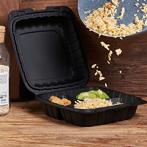 8X8" 3-Compartment 50-Pack Plastic Clamshell Takeout Food Trays Heavy Duty Togo Disposable Box For Pasta Salad Sandwich Carryout Meal Prep Packaging Catering Hinged Containers With Secure Snap Lid - My Kitchen Products