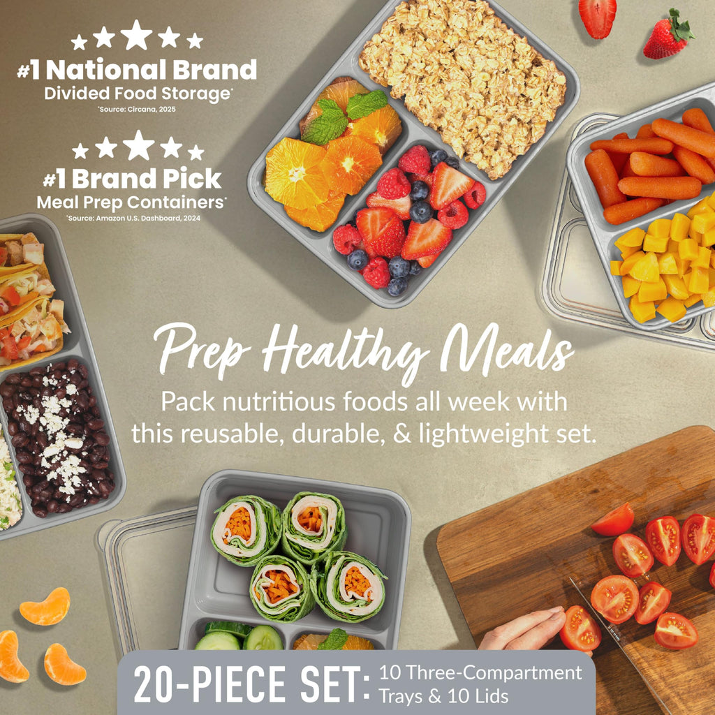 Bentgo Prep - 20-Piece 3-Compartment Reusable Meal Prep Containers with Lids, PFAS & BPA Free Materials, Durable, Microwave, Freezer, & Dishwasher Safe To Go Food Storage (Silver)