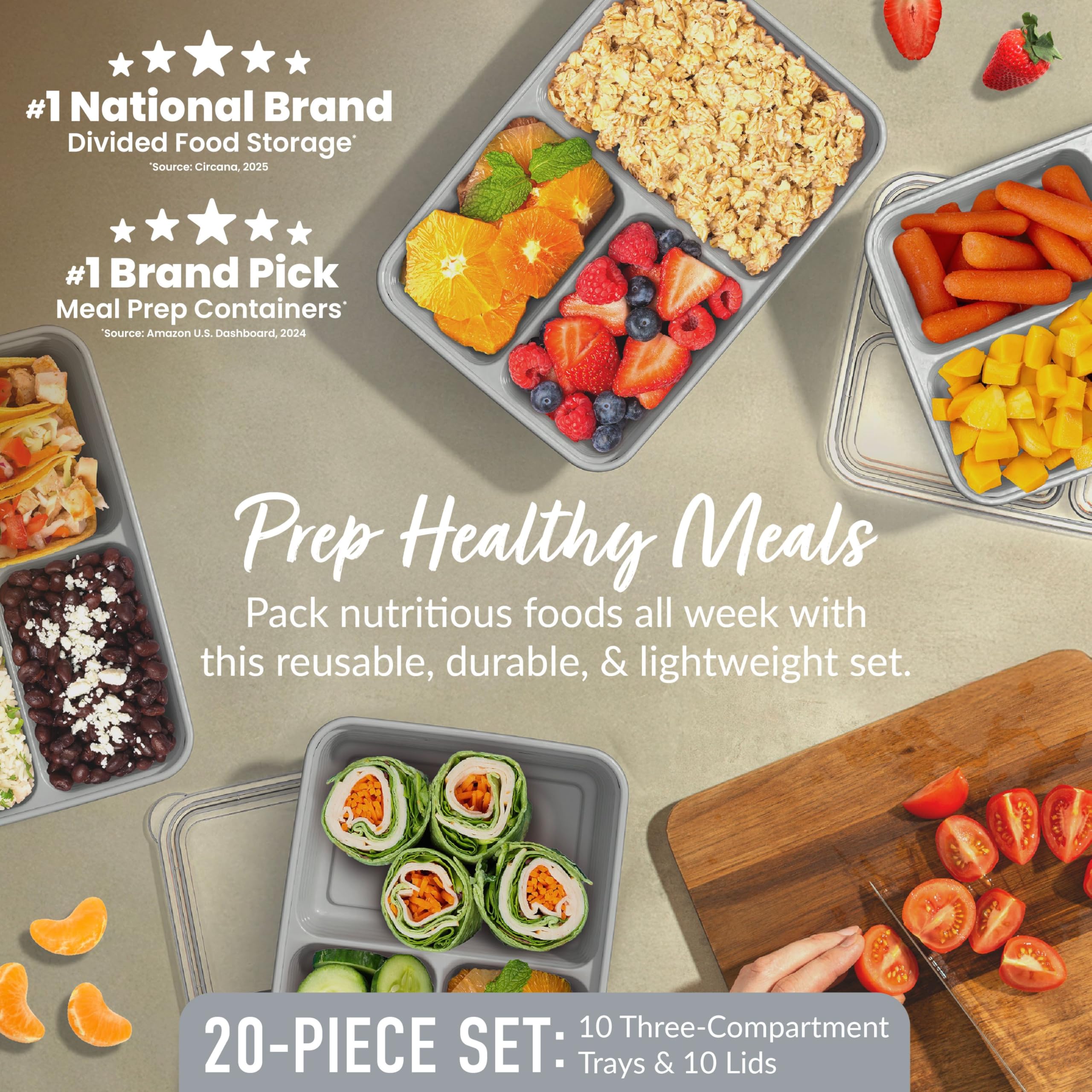 Bentgo Prep - 20-Piece 3-Compartment Reusable Meal Prep Containers with Lids, PFAS & BPA Free Materials, Durable, Microwave, Freezer, & Dishwasher Safe To Go Food Storage (Silver)