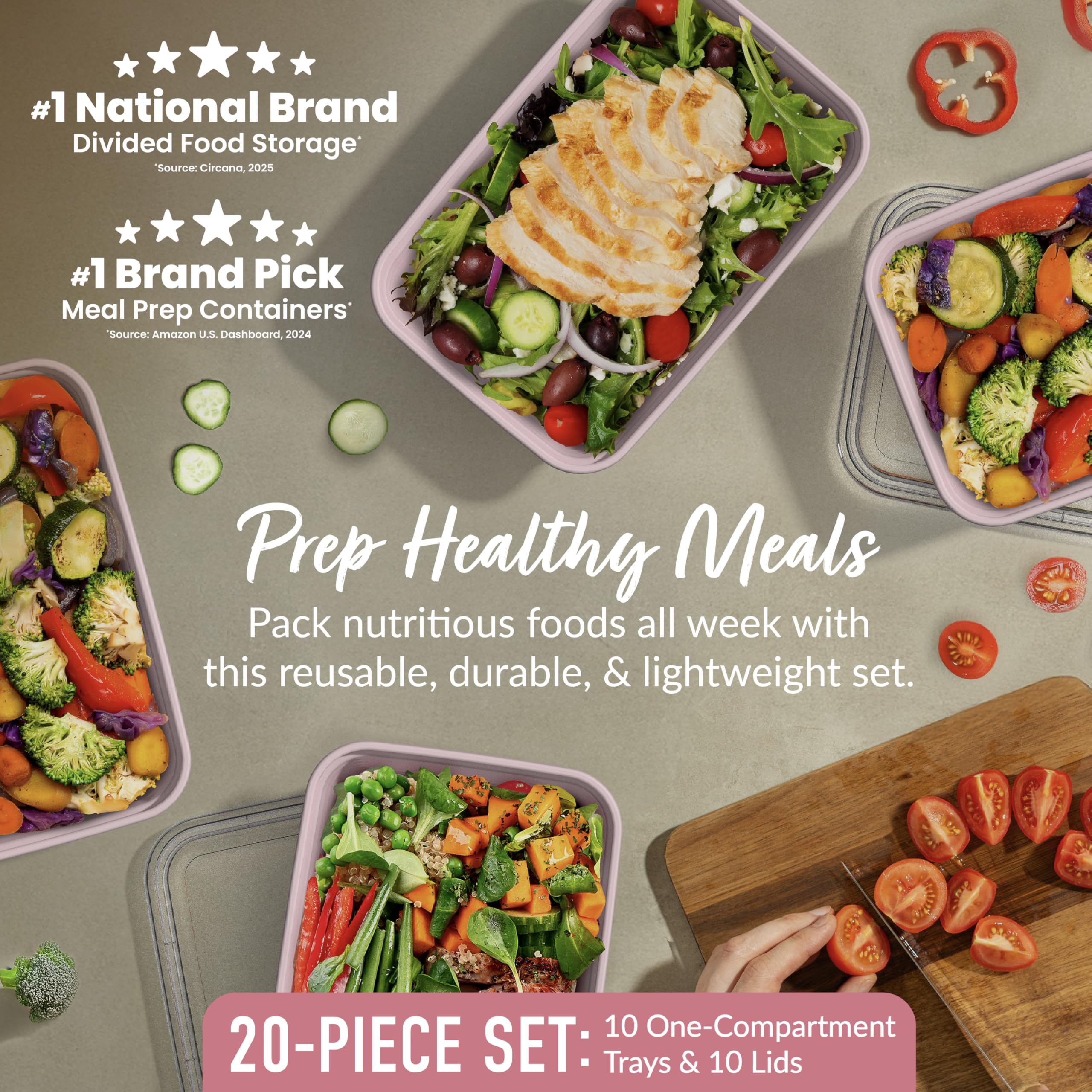 Bentgo Prep - 20-Piece 1-Compartment Reusable Meal Prep Containers with Lids, PFAS & BPA Free Materials, Durable, Microwave, Freezer, & Dishwasher Safe To Go Food Storage (Blush Pink)