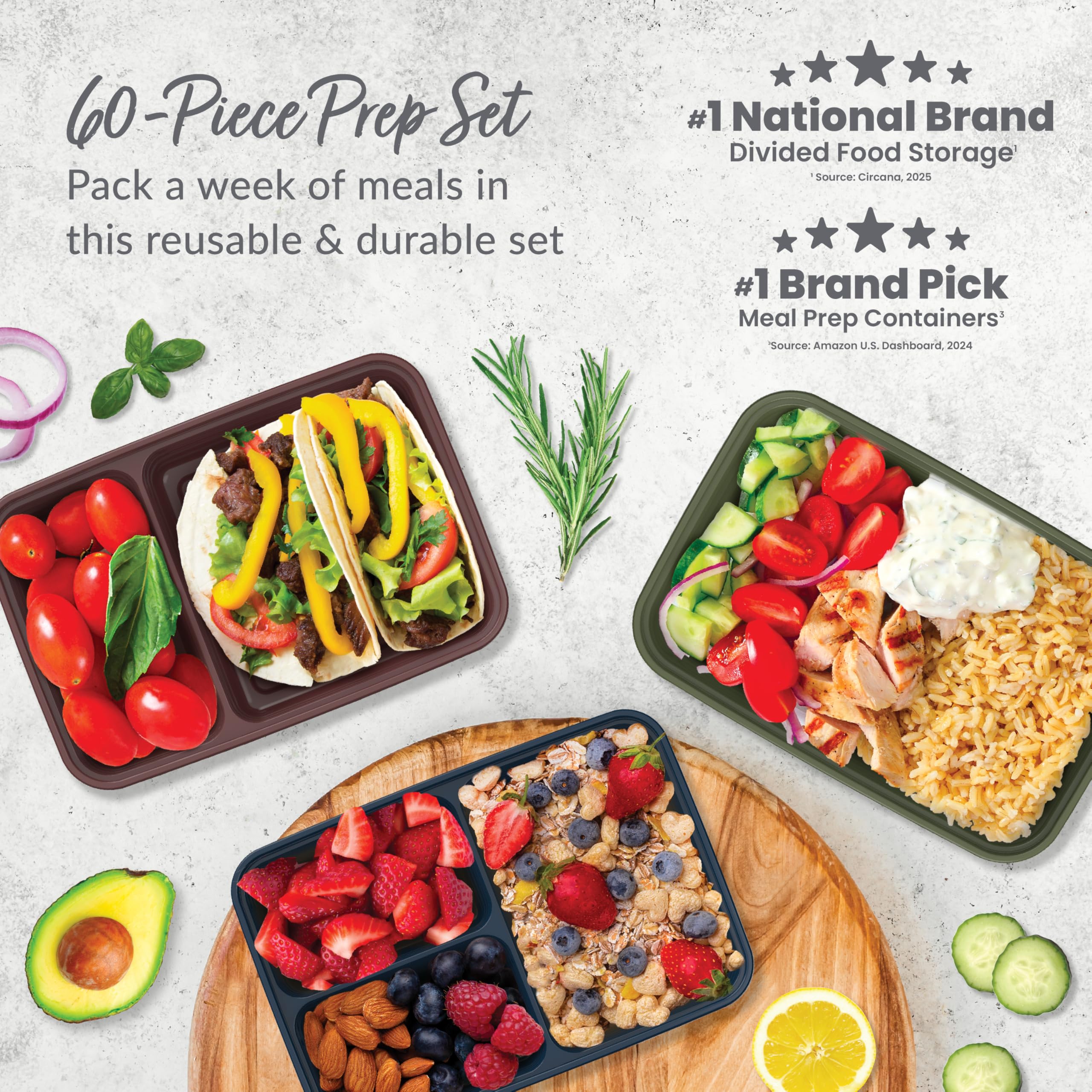 Bentgo Prep 60-Piece Meal Prep Kit - Reusable PFAS & BPA-Free Food Containers, 1-Compartment, 2-Compartment, & 3-Compartments - Microwave, Freezer, & Dishwasher Safe (Rich Shades)