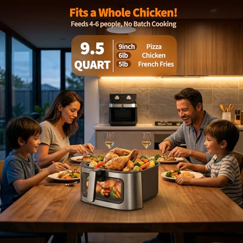 9.5Qt Large Air Fryer Oven, Airfryer Toaster Oven Combo, Non Toxic Stainless Steel Air Fryer with Window, XL Capacity Basket Style Airfryer for Family, Easy Dual Knob Control, Black - My Kitchen Products