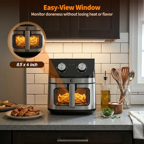 9.5Qt Large Air Fryer Oven, Airfryer Toaster Oven Combo, Non Toxic Stainless Steel Air Fryer with Window, XL Capacity Basket Style Airfryer for Family, Easy Dual Knob Control, Black - My Kitchen Products
