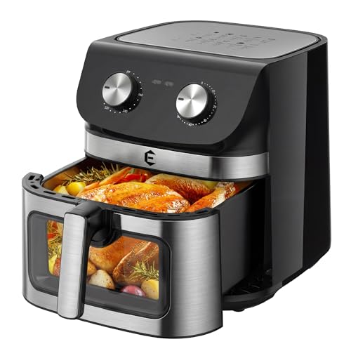 9.5Qt Large Air Fryer Oven, Airfryer Toaster Oven Combo, Non Toxic Stainless Steel Air Fryer with Window, XL Capacity Basket Style Airfryer for Family, Easy Dual Knob Control, Black - My Kitchen Products