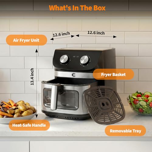 9.5Qt Large Air Fryer Oven, Airfryer Toaster Oven Combo, Non Toxic Stainless Steel Air Fryer with Window, XL Capacity Basket Style Airfryer for Family, Easy Dual Knob Control, Black - My Kitchen Products