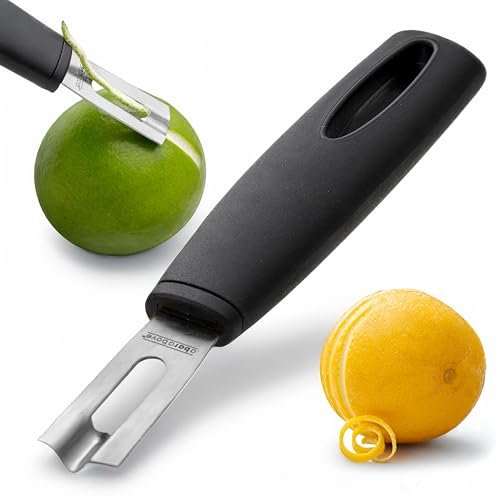 A Bar Above Black Handle Stainless Steel Channel Knife, Chef-Grade Citrus Garnish Tool, Zester and Fruit Peeler