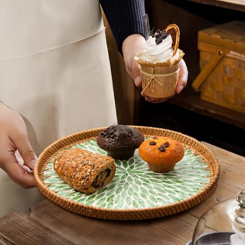 Aayoruro Round Rattan Tray with Mother of Pearl Inlay, Decorative Wicker Serving Tray with Wooden Base, Woven Basket Trays for Bread Fruits Coffee, Leaf - My Kitchen Products
