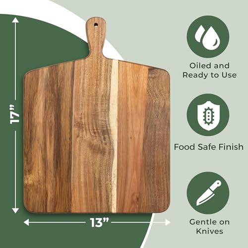 Acacia Wood Cutting Board and Chopping Board with Handle for Meat, Cheese Board, Vegetables, Bread, and Charcuterie - Decorative Wooden Serving Board for Kitchen and Dining Room, Large 17" x 13" - My Kitchen Products