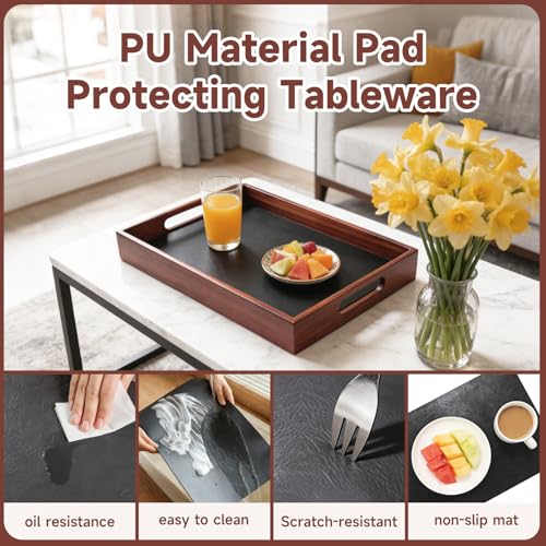 Acacia Wood Serving Tray with Handles, 17 x 12 Inch Large Wooden Tray for Food & Drinks, Coffee Table, Ottoman, Breakfast in Bed – Includes Free Leather Mat - My Kitchen Products