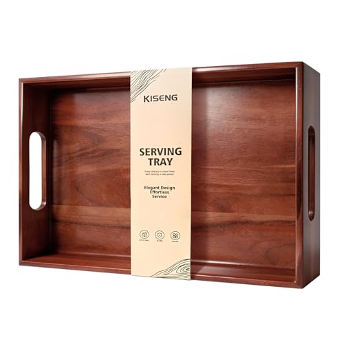 Acacia Wood Serving Tray with Handles, 17 x 12 Inch Large Wooden Tray for Food & Drinks, Coffee Table