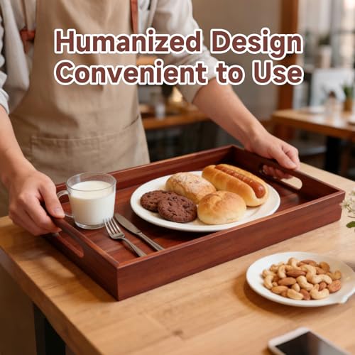 Acacia Wood Serving Tray with Handles, 17 x 12 Inch Large Wooden Tray for Food & Drinks, Coffee Table, Ottoman, Breakfast in Bed – Includes Free Leather Mat - My Kitchen Products