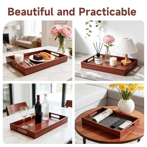 Acacia Wood Serving Tray with Handles, 17 x 12 Inch Large Wooden Tray for Food & Drinks, Coffee Table, Ottoman, Breakfast in Bed – Includes Free Leather Mat - My Kitchen Products