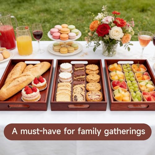 Acacia Wood Serving Tray with Handles, 17 x 12 Inch Large Wooden Tray for Food & Drinks, Coffee Table, Ottoman, Breakfast in Bed – Includes Free Leather Mat - My Kitchen Products