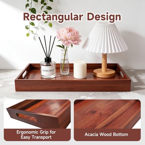 Acacia Wood Serving Tray with Handles, 17 x 12 Inch Large Wooden Tray for Food & Drinks, Coffee Table, Ottoman, Breakfast in Bed – Includes Free Leather Mat - My Kitchen Products