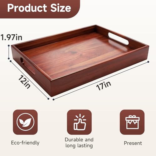 Acacia Wood Serving Tray with Handles, 17 x 12 Inch Large Wooden Tray for Food & Drinks, Coffee Table, Ottoman, Breakfast in Bed – Includes Free Leather Mat - My Kitchen Products