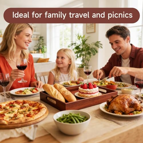 Acacia Wood Serving Tray with Handles, 17 x 12 Inch Large Wooden Tray for Food & Drinks, Coffee Table, Ottoman, Breakfast in Bed – Includes Free Leather Mat - My Kitchen Products