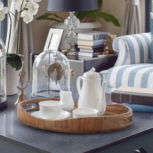 Acacia Wood Serving Tray with Handles - 17"x13" Round, Decorative Ottoman Tray for Living Room, Coffee Table, Breakfast in Bed, Candle Display - My Kitchen Products