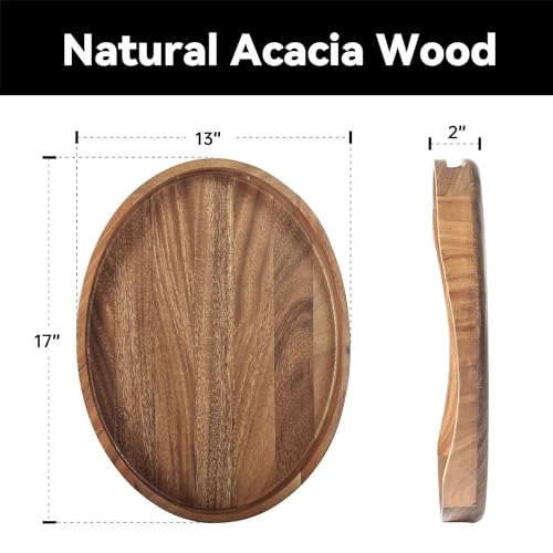 Acacia Wood Serving Tray with Handles - 17"x13" Round, Decorative Ottoman Tray for Living Room, Coffee Table, Breakfast in Bed, Candle Display - My Kitchen Products