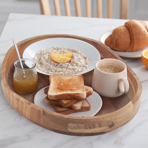 Acacia Wood Serving Tray with Handles - 17"x13" Round, Decorative Ottoman Tray for Living Room, Coffee Table, Breakfast in Bed, Candle Display - My Kitchen Products