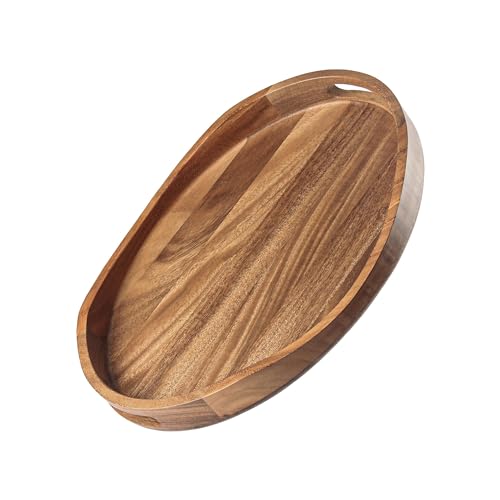 Acacia Wood Serving Tray with Handles, 17"x13" Round, Decorative Ottoman Tray for Living Room, Coffee Table, Breakfast in