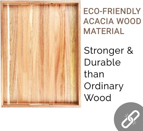 Acacia Wood Serving Tray with Handles Set of 2 – Decorative Serving Trays Platter for Breakfast in Bed, Lunch, Dinner, Patio, Ottoman, Coffee Table, BBQ, Party –Great for Lap &Couch - My Kitchen Products