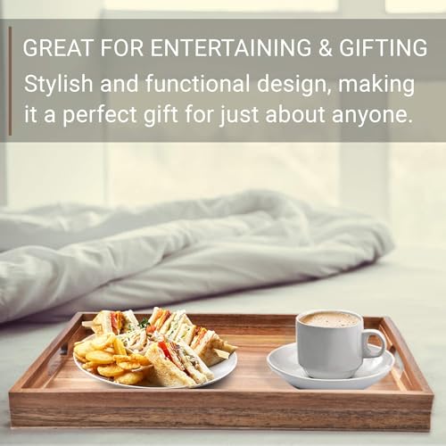 Acacia Wood Serving Tray with Handles Set of 2 – Decorative Serving Trays Platter for Breakfast in Bed, Lunch, Dinner, Patio, Ottoman, Coffee Table, BBQ, Party –Great for Lap &Couch - My Kitchen Products