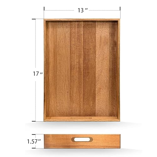 Acacia Wood Serving Tray with Handles Set of 2 – Decorative Serving Trays Platter for Breakfast in Bed, Lunch, Dinner, Patio, Ottoman, Coffee Table, BBQ, Party –Great for Lap &Couch - My Kitchen Products