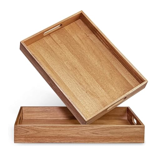 Acacia Wood Serving Tray with Handles Set of 2, Decorative Serving Trays Platter for Breakfast in Bed, Lunch, Dinner