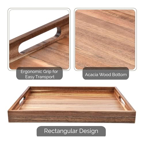 Acacia Wood Serving Tray with Handles Set of 2 – Decorative Serving Trays Platter for Breakfast in Bed, Lunch, Dinner, Patio, Ottoman, Coffee Table, BBQ, Party –Great for Lap &Couch - My Kitchen Products