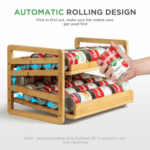 Aclema Bamboo Rolling Can Organizer for Pantry, Stackable 2 Tier Canned Food Organizer Rack for Storage, Kitchen Cabinet, Can Holders Dispensers for Pantry Up To 27 Cans - My Kitchen Products