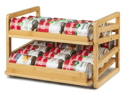 Aclema Bamboo Rolling Can Organizer for Pantry, Stackable 2 Tier Canned Food Organizer Rack for Storage, Kitchen