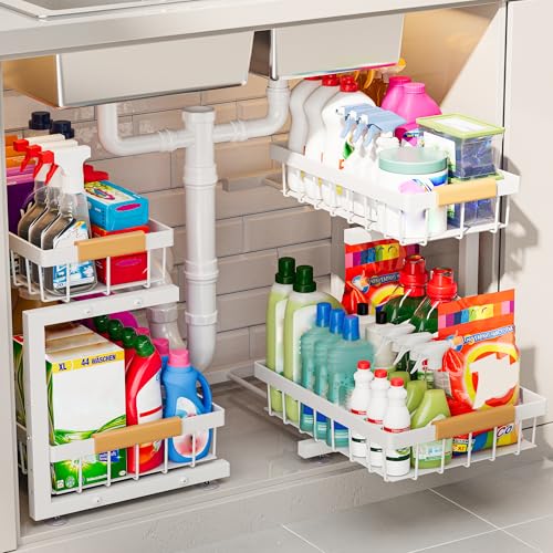 ADBIU 2 Pack Under Sink Organizers and Storage, Height Adjustable 2-Tier Pull Out Cabinet