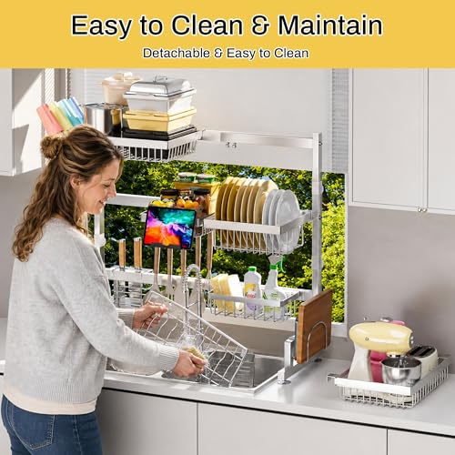ADBIU Luxurious 304 Stainless Steel Over Sink Dish Drying Rack (Suitable for Sink Length 26.3"- 37.4") Snap-On Design 2 Tier Large Kitchen Dish Rack Stainless Steel Counter Organization and Storage - My Kitchen Products